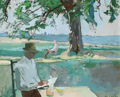 The artist sketching at a table with a figure seated below a by John Stanton Ward, Oil on board, sold Dec 2022