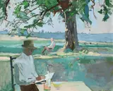 The artist sketching at a table with a figure seated below a by John Stanton Ward, Oil on board, sold Dec 2022