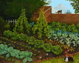 A vegetable garden with rabbits by Lizzie Riches, Oil on board, sold Dec 2022