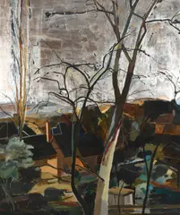 Winter Light Signed with monogram by Ben Levene, Oil, tempera and silver leaf on board, sold Dec 2022