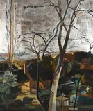Winter Light Signed with monogram by Ben Levene, Oil, tempera and silver leaf on board, sold Dec 2022