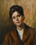 Portrait of a young lady wearing a brown coat Signed by Giovanni Maria Mossa, Oil on board, sold Dec 2022