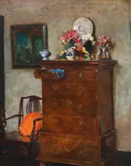 Interior with a chest on chest with flowers on top Signed GUY by Guy Lipscombe, Oil on canvas, sold Dec 2022