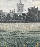Hereford Cathedral Signed C by Charles Ginner, Pen and ink, and watercolour, within black framing lines, sold Dec 2022