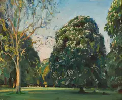 Chestnuts in Calcot Park Signed A J MUNNINGS by Alfred Munnings, Oil on canvas, sold Dec 2022