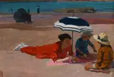 Woman and children on the beach Signed with monogram by Walter Bayes, Oil on canvasboard, sold Dec 2022