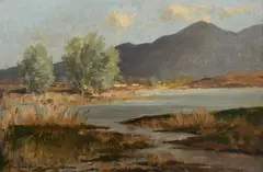 Mountain landscape with a lake and cottages on the far shore by Rowland Hill, Oil on canvasboard, sold Dec 2022