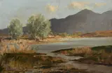 Mountain landscape with a lake and cottages on the far shore by Rowland Hill, Oil on canvasboard, sold Dec 2022