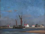 A barge on the River Blythe Signed and dated TOM VAN OSS 1932 by Tom Van Oss, Oil on board, sold Dec 2022