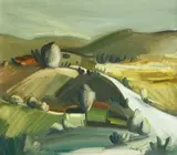 Italian landscape with farm buildings in rolling hills by Giuseppe Lucietti, Oil on canvas, sold Dec 2022