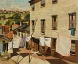 Street scene with laundry hanging on the line Signed and dated by Edward Leslie Badham, Oil on canvas, sold Dec 2022