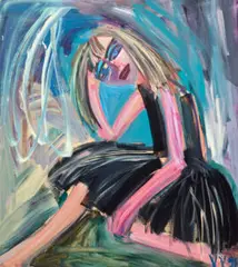 Woman sitting by Vicki Varvaressos, 1991, oil on composition board, sold Sep 2025