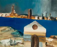 Church with harbour background by Sidney Nolan, c.1955 – 56, oil on paper, sold Dec 2025