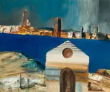 Church with harbour background by Sidney Nolan, c.1955 – 56, oil on paper, sold Dec 2025