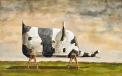 Dobell’s cow on trestle by John Kelly, 1995, gouache and watercolour on paper, sold May 2026