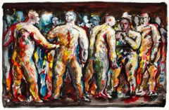 Untitled (Figures in landscape) by Peter Booth, 1990, gouache and ink on paper, offered May 2026