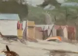 The bathing boxes, Watkins Bay by Clarice Beckett, 1928, oil on canvas, sold Apr 2026