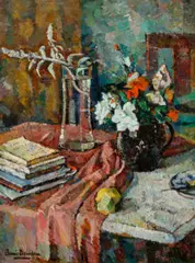 Flowers and books by Bessie Davidson, c.1935, oil on plywood, sold Apr 2026