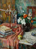 Flowers and books by Bessie Davidson, c.1935, oil on plywood, sold Apr 2026