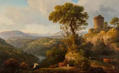 Classical landscape with tower by John Glover, c.1820, oil on canvas, sold Apr 2026