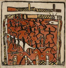 Aboriginal bark ornament by Margaret Preston, 1940, hand-coloured woodblock print on tapa cloth, sold Apr 2026