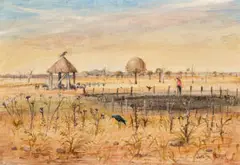 Wimmera landscape with dam and shelter by Arthur Boyd, 1958, oil on composition board, sold Apr 2026