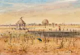 Wimmera landscape with dam and shelter by Arthur Boyd, 1958, oil on composition board, sold Apr 2026