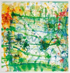 Morning sun and lily pond by John Olsen, 1997, watercolour, gouache and pastel on paper, sold Apr 2026