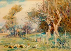 Garden at Kensington Road, South Yarra by Frederick McCubbin, 1909, watercolour on pre-prepared sketching board, sold Apr 2026