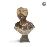 & T. DU PIÉMONT (XIXe-XXe) SCULPTEUR Femme noire au turban, grande version by Friedrich Goldscheider, Épreuve en terre cuite patinée polychrome, sold Oct 2025