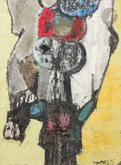 Composition by Sam Szafran, 1956, Huile et collages sur toile, sold Oct 2025