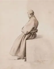 Ecclésiastique assis en méditation by Guillaume Bodinier, Crayon noir et lavis de brun; signé, sold Jun 2023