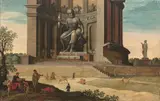 Lutteurs gréco-romains devant la statue de Jupiter by Willem van Nieulandt, Panneau doublé et inclus dans un panneau de chêne, sold Mar 2025