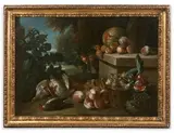Nature morte au melon, pêches et abricots, pic épeiche et perdreaux gris, panier de figues by Claude-François Desportes, Toile, sold Mar 2025