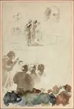 Feuille d'études avec un prédicateur devant des fidèles, reprise de la tête en haut à droite, dans le bas des essais de couleurs (palette) by Eugène Delacroix, Aquarelle, plume et encre brune, lavis brun et crayon noir, sold Mar 2025