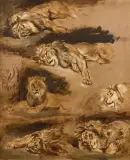 Études de lions couchés by Eugène Delacroix, Toile et châssis d'origine, sold Mar 2025