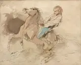 Cavalier by Auguste Andrieux, Plume et encre brune, lavis brun, aquarelle, sold Mar 2025
