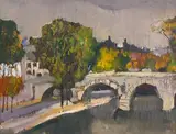 Le pont by Makoto Masuda, Huile et gouache sur papier, non signée et authentifiée au dos par un membre de la famille, sold Jun 2025