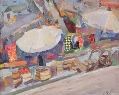 Le petit marché by Alfréd Réth, 1963, Huile et collage sur toile, sold Jun 2025