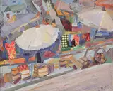 Le petit marché by Alfréd Réth, 1963, Huile et collage sur toile, sold Jun 2025