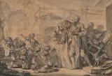 La Consolation de la vieillesse by Jean-Baptiste Greuze, Plume et encre noire sur traits de crayon noir, rehauts de plume et encre brune, lavis d'e, sold Jun 2025