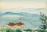 Maisons devant les collines by Hippolyte Petitjean, Aquarelle sur papier, sold Mar 2025