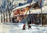 Sans titre - Jeux dans la neige by Jacques Schyrgens, Aquarelle, sold Feb 2025