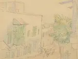 Rue de village animée by Moses Levy, 1935, Plume et crayon de couleurs, sold Nov 2024
