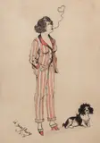 Elégante en pyjama by Edgar Scauflaire, 1919, Encre de Chine et aquarelle sur papier, sold Dec 2019