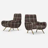 Lady lounge chairs from the Jesi Residence, pair by Marco Zanuso, upholstery, brass, sold Mar 2023