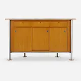 Custom cabinet from the INA Office by Franco Albini, 1950, bleached mahogany, marble, enameled steel, brass, sold Mar 2023