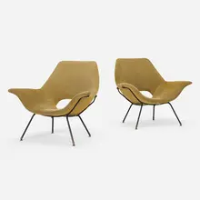 Lounge chairs, pair by Augusto Bozzi, c. 1958, upholstery, enameled iron, brass, rubber, sold Mar 2023