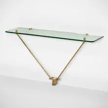 Custom wall-mounted console by Osvaldo Borsani, c. 1955, glass, brass, sold Mar 2023