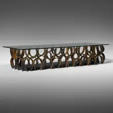 Coffee table by Paul Evans, c. 1960, torch-cut, blackened and polychromed steel, glass, slate, sold Mar 2023